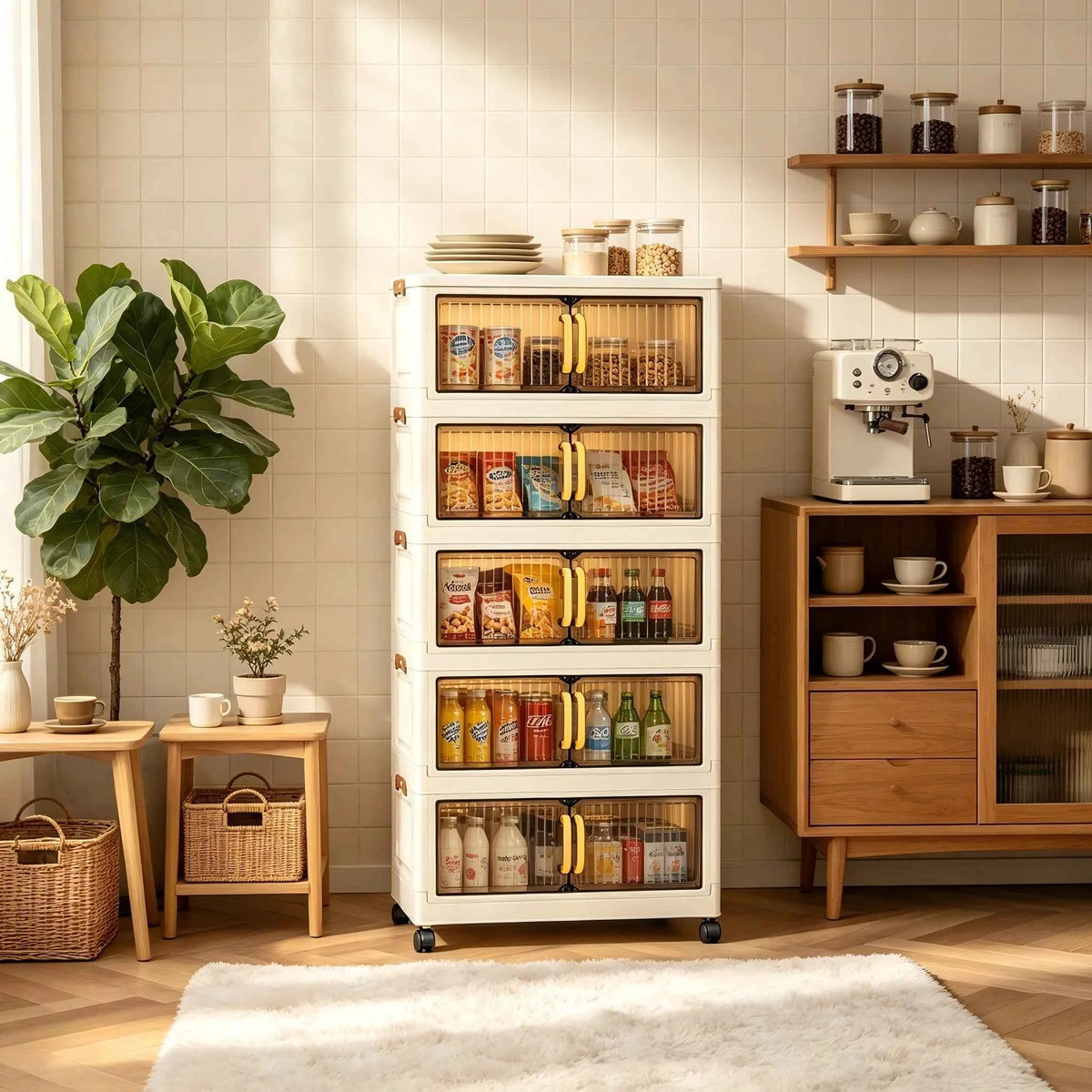 23.62in 3/4/5 Tier Foldable Plastic Storage Cabinet with Wheels And Double Transparent Door. No Assembly. With Latches. Cream White