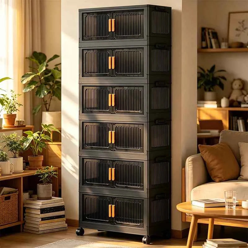 3/4/5-Tier 19.67in Width Foldable Double Door Storage Cabinet with Top Lid, Stackable Interlocking Plastic Organizer on Lockable Rolling Wheels, No Assembly