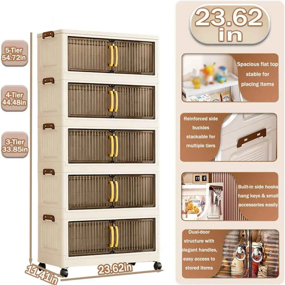 23.62in 3/4/5 Tier Foldable Plastic Storage Cabinet with Wheels And Double Transparent Door. No Assembly. With Latches. Cream White