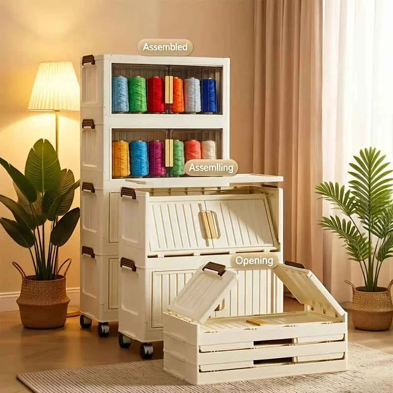 Cream White Foldable Storage Cabinet, No Assembly Needed, Stackable and Foldable Plastic Organizer Box with a Transparent Lid and Stylish Gold Handle, Lockable Silent Wheels, Large Capacity Dustproof Individual Storage Cabine