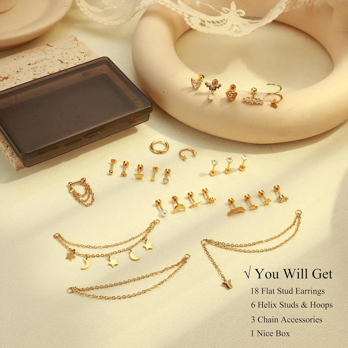 27Pcs Surgical Steel Helix Piercing Earrings, Hypoallergenic, 14G Cartilage Tragus Conch Lobe Piercing. Jewelry For Women, Men Dainty Minimalist Stackable Stud Rings, Trendy Ear Piercing Set