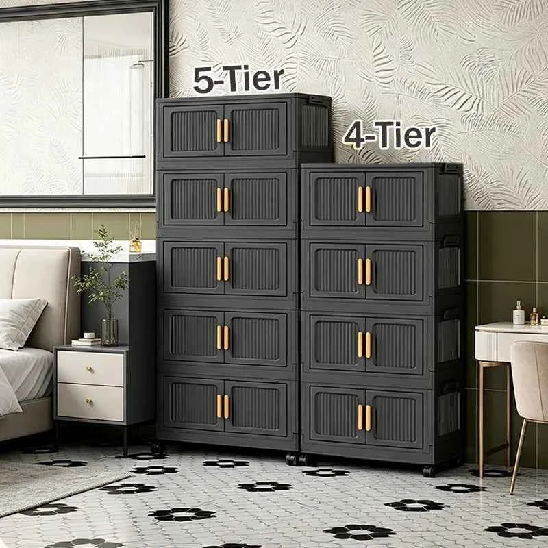 3/4/5-Tier 19.67in Width Foldable Double Door Storage Cabinet with Top Lid, Stackable Interlocking Plastic Organizer on Lockable Rolling Wheels, No Assembly