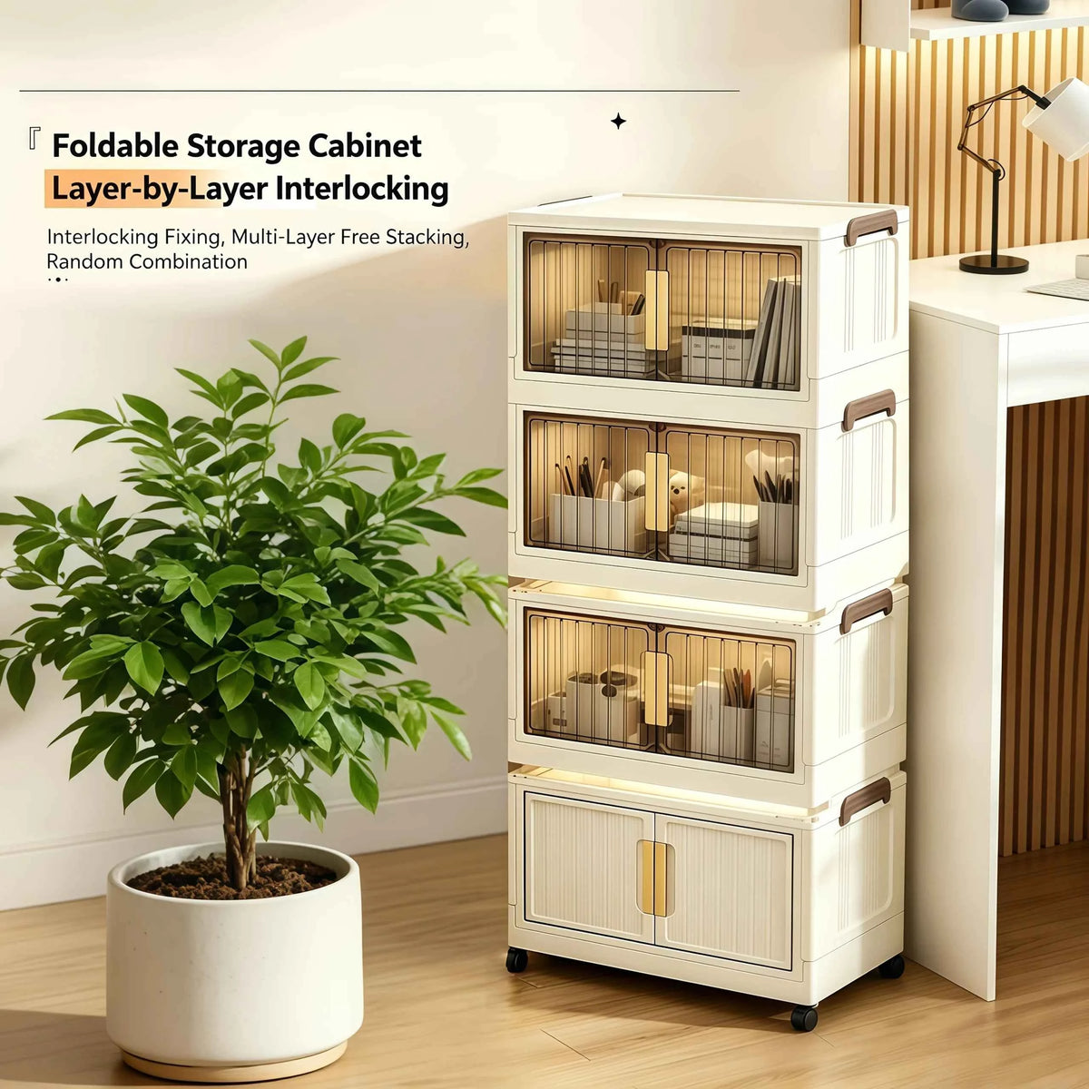 Cream White Foldable Storage Cabinet, No Assembly Needed, Stackable and Foldable Plastic Organizer Box with a Transparent Lid and Stylish Gold Handle, Lockable Silent Wheels, Large Capacity Dustproof Individual Storage Cabine