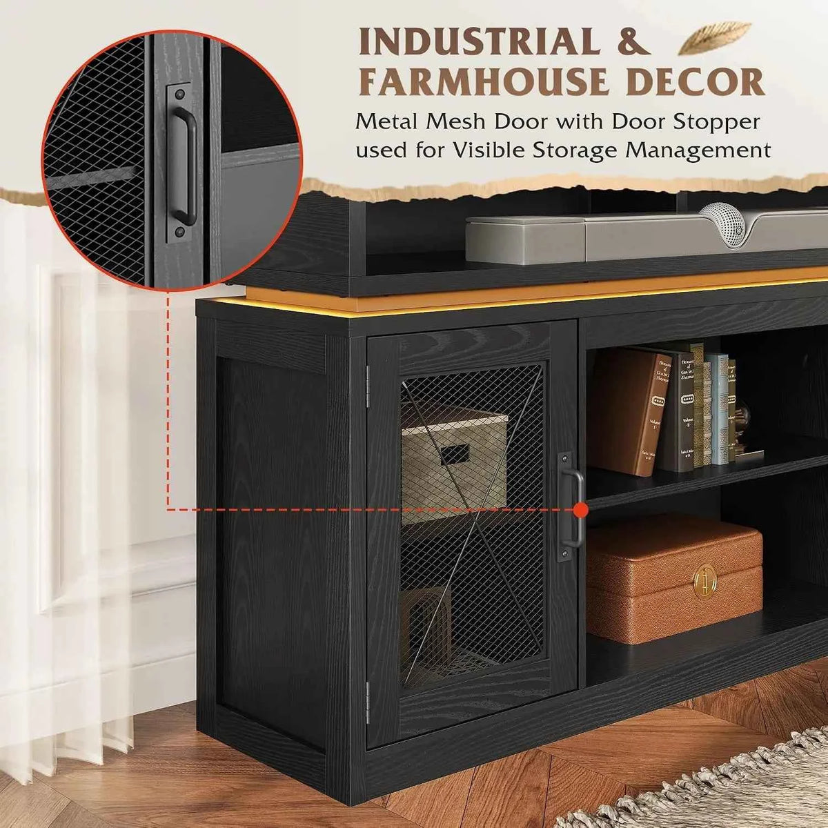 Farmhouse Stand for TVs Up to 65" with LED & Top Shelf, Black Entertainment Center with Storage Cabinets, Open Shelf.