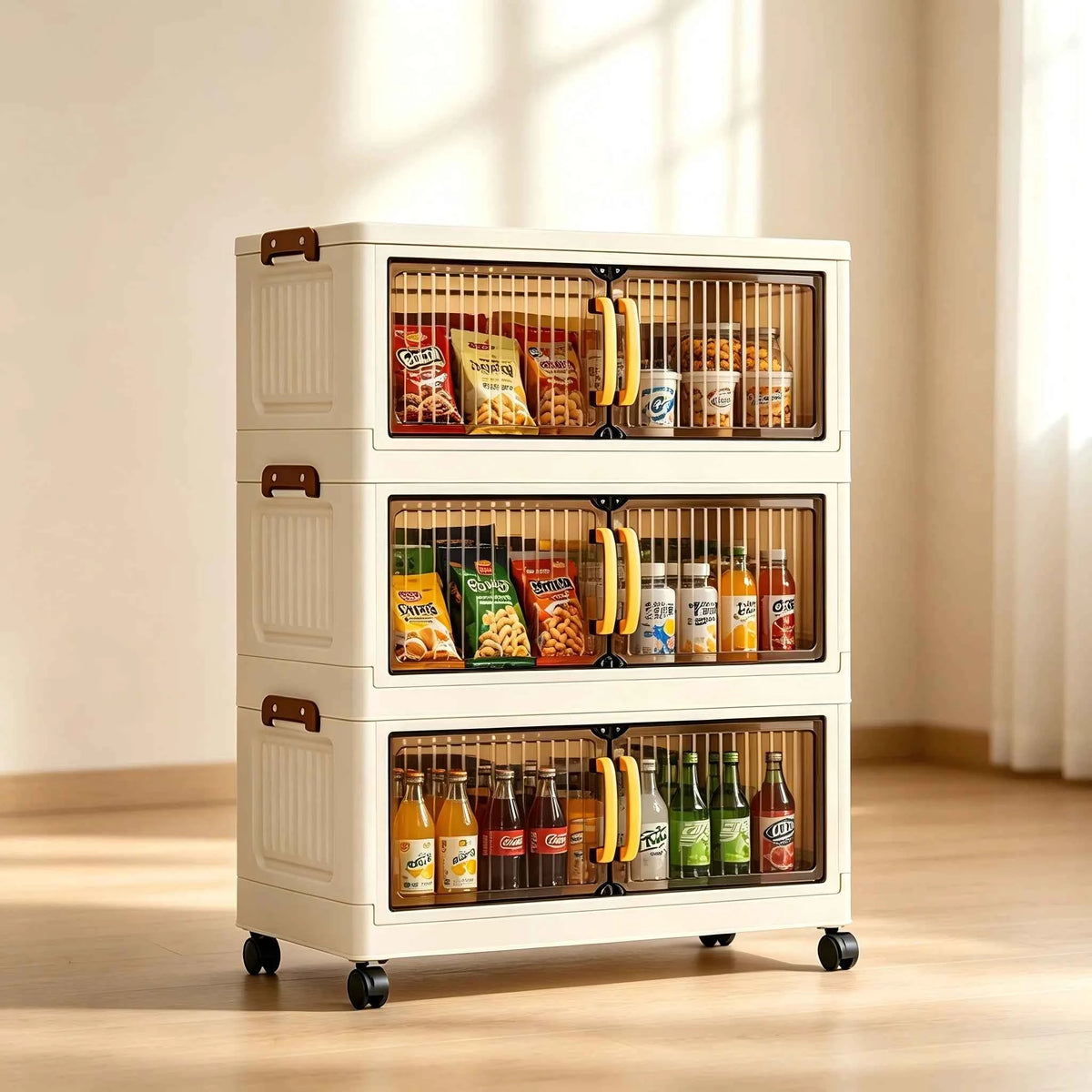 23.62in 3/4/5 Tier Foldable Plastic Storage Cabinet with Wheels And Double Transparent Door. No Assembly. With Latches. Cream White
