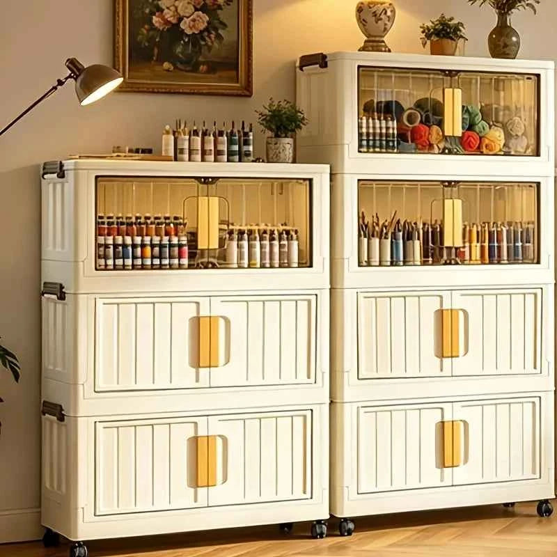 Cream White Foldable Storage Cabinet, No Assembly Needed, Stackable and Foldable Plastic Organizer Box with a Transparent Lid and Stylish Gold Handle, Lockable Silent Wheels, Large Capacity Dustproof Individual Storage Cabine