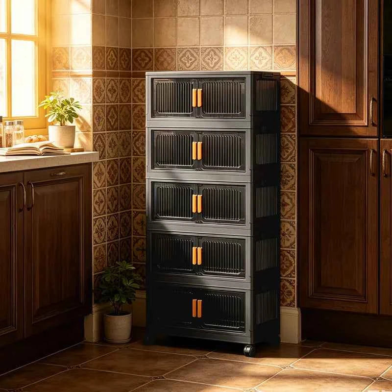 3/4/5-Tier 19.67in Width Foldable Double Door Storage Cabinet with Top Lid, Stackable Interlocking Plastic Organizer on Lockable Rolling Wheels, No Assembly