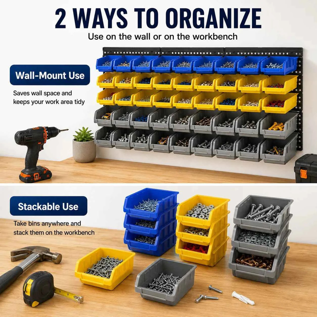 45-Bin Wall Mounted Storage Bins. Shop Tool Organizer with 3 Wall Panels for Screws Nuts Bolts Nails Beads Hardware Parts