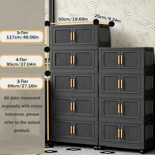 3/4/5-Tier 19.67in Width Foldable Double Door Storage Cabinet with Top Lid, Stackable Interlocking Plastic Organizer on Lockable Rolling Wheels, No Assembly