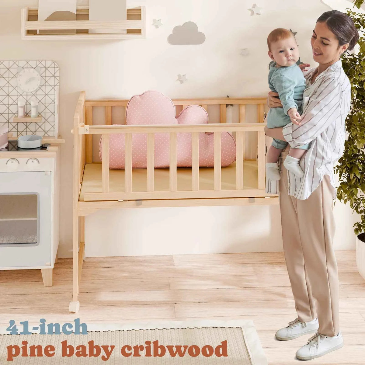 Detachable Fence Baby Crib, lightweight baby Crib with Wheels, Easy to Move around the Room, Made of Pine Wood Material
