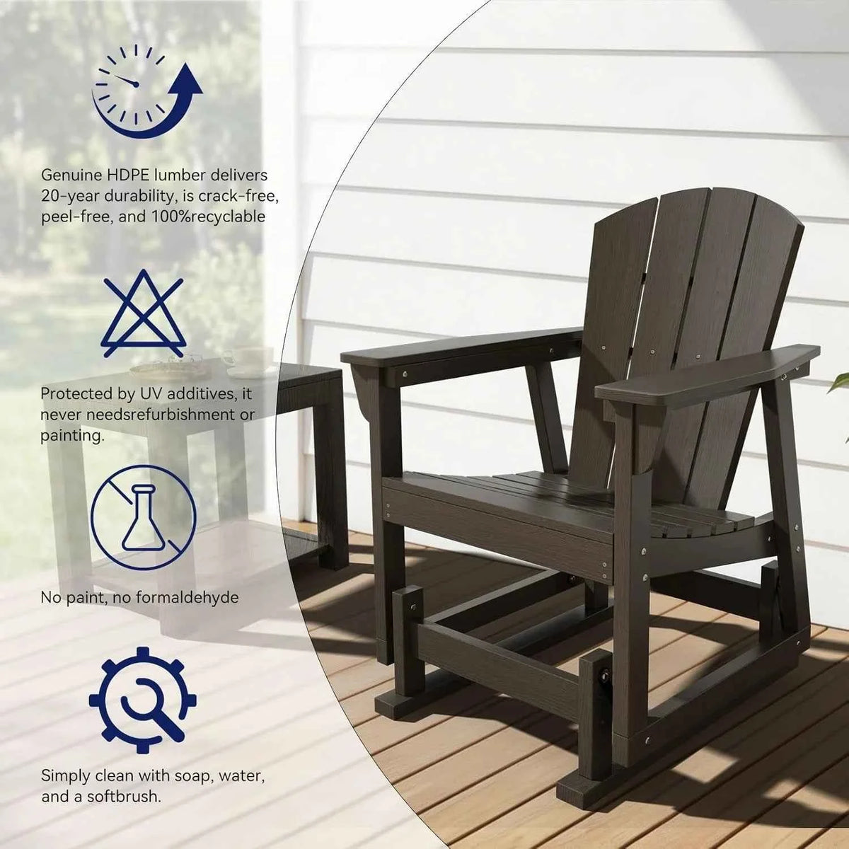 Aoxun HDPE Patio Rocking Chairs, Outdoor Porch Glider Chair Set of 1 Wood Like Wide Seat Black