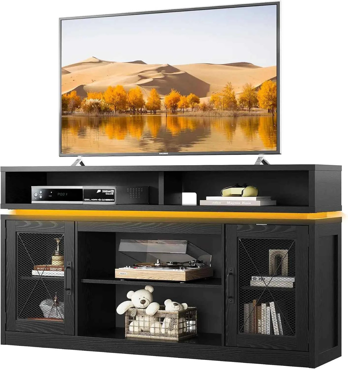 Farmhouse Stand for TVs Up to 65" with LED & Top Shelf, Black Entertainment Center with Storage Cabinets, Open Shelf.