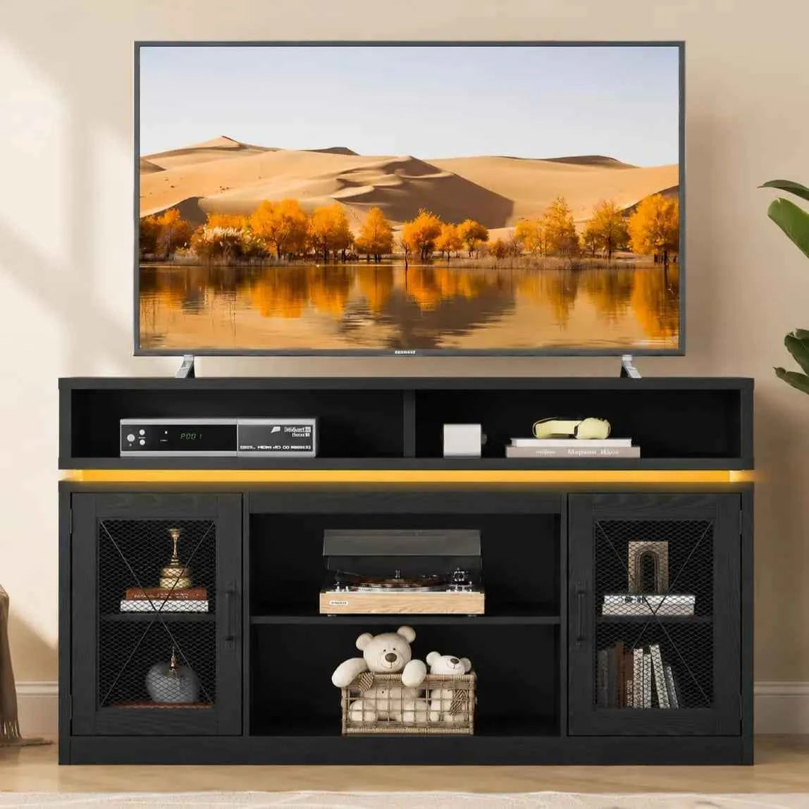 Farmhouse Stand for TVs Up to 65" with LED & Top Shelf, Black Entertainment Center with Storage Cabinets, Open Shelf.