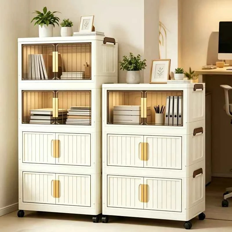 Cream White Foldable Storage Cabinet, No Assembly Needed, Stackable and Foldable Plastic Organizer Box with a Transparent Lid and Stylish Gold Handle, Lockable Silent Wheels, Large Capacity Dustproof Individual Storage Cabine