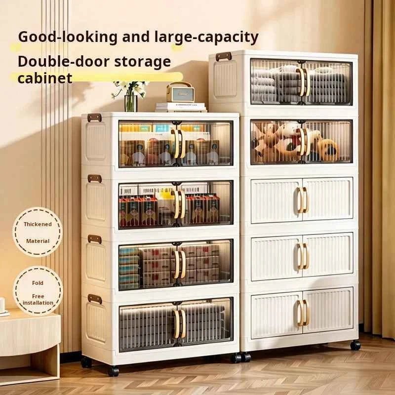 23.62in 3/4/5 Tier Foldable Plastic Storage Cabinet with Wheels And Double Transparent Door. No Assembly. With Latches. Cream White