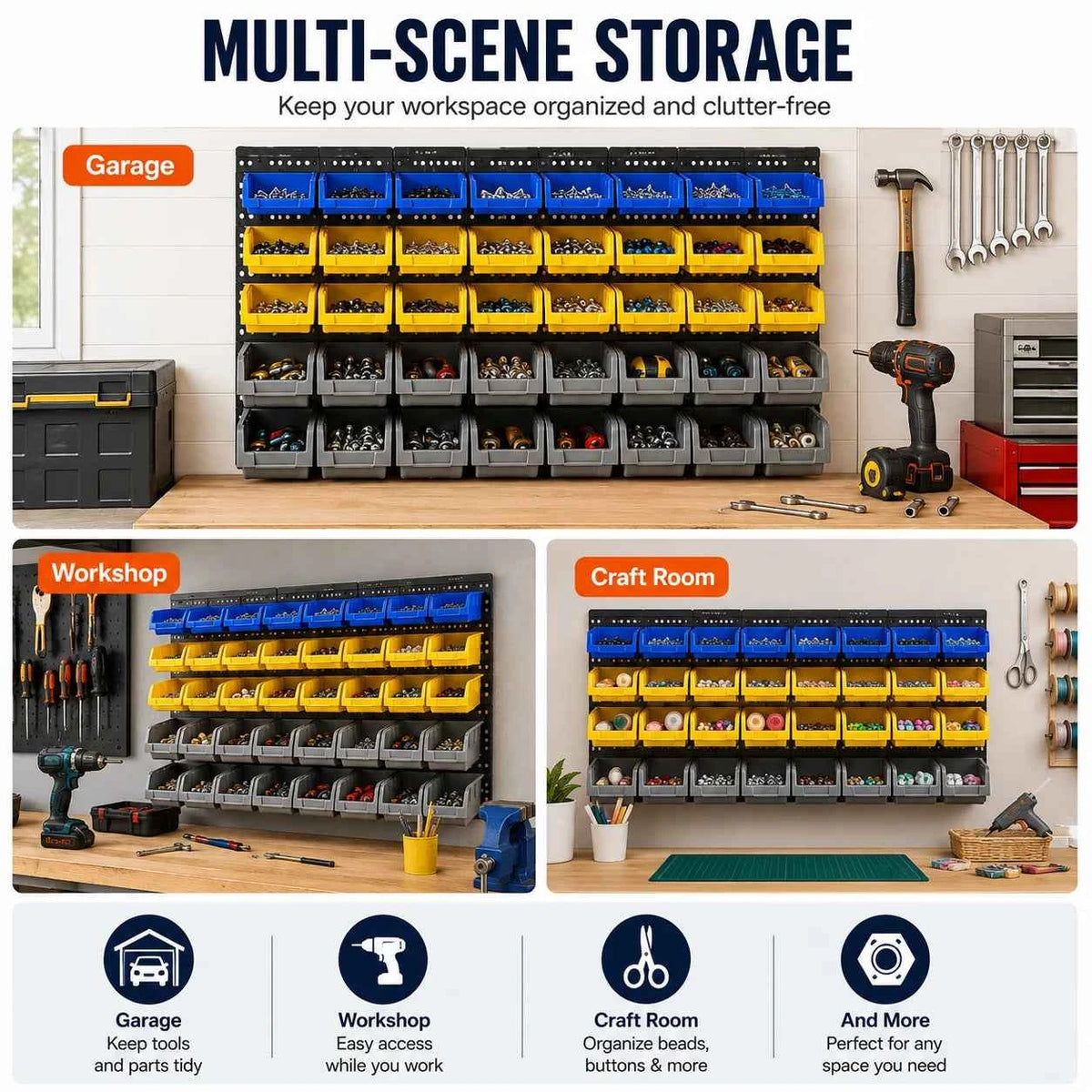 45-Bin Wall Mounted Storage Bins. Shop Tool Organizer with 3 Wall Panels for Screws Nuts Bolts Nails Beads Hardware Parts