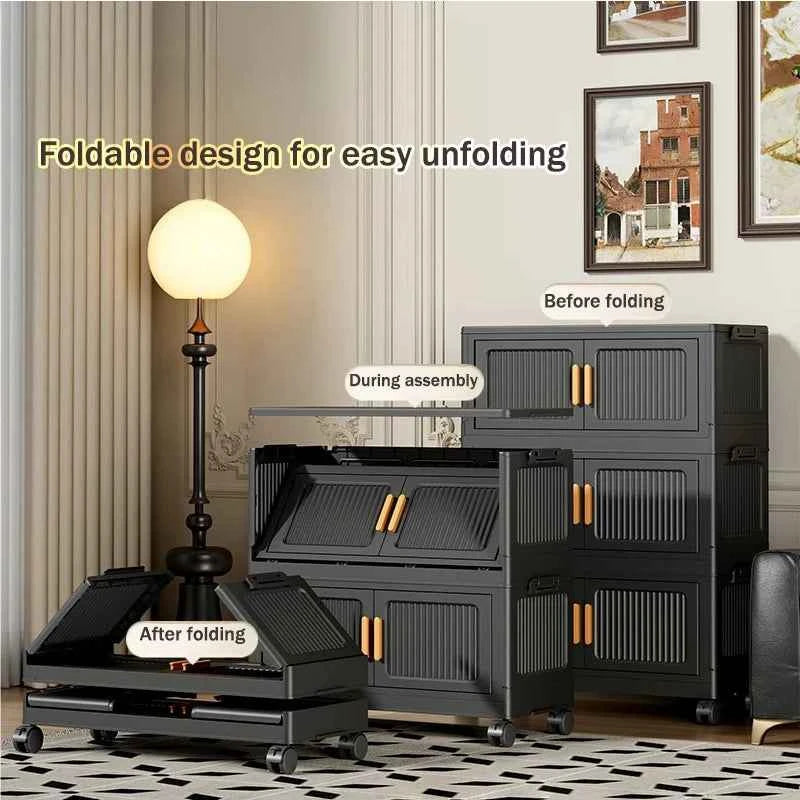 3/4/5-Tier 19.67in Width Foldable Double Door Storage Cabinet with Top Lid, Stackable Interlocking Plastic Organizer on Lockable Rolling Wheels, No Assembly