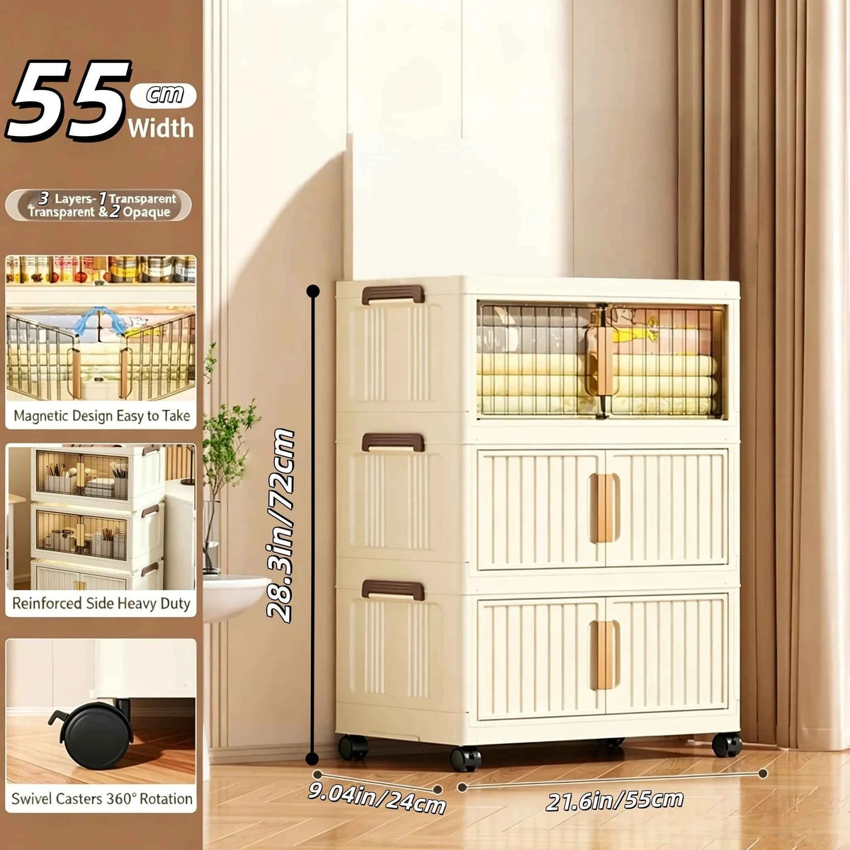 Cream White Foldable Storage Cabinet, No Assembly Needed, Stackable and Foldable Plastic Organizer Box with a Transparent Lid and Stylish Gold Handle, Lockable Silent Wheels, Large Capacity Dustproof Individual Storage Cabine