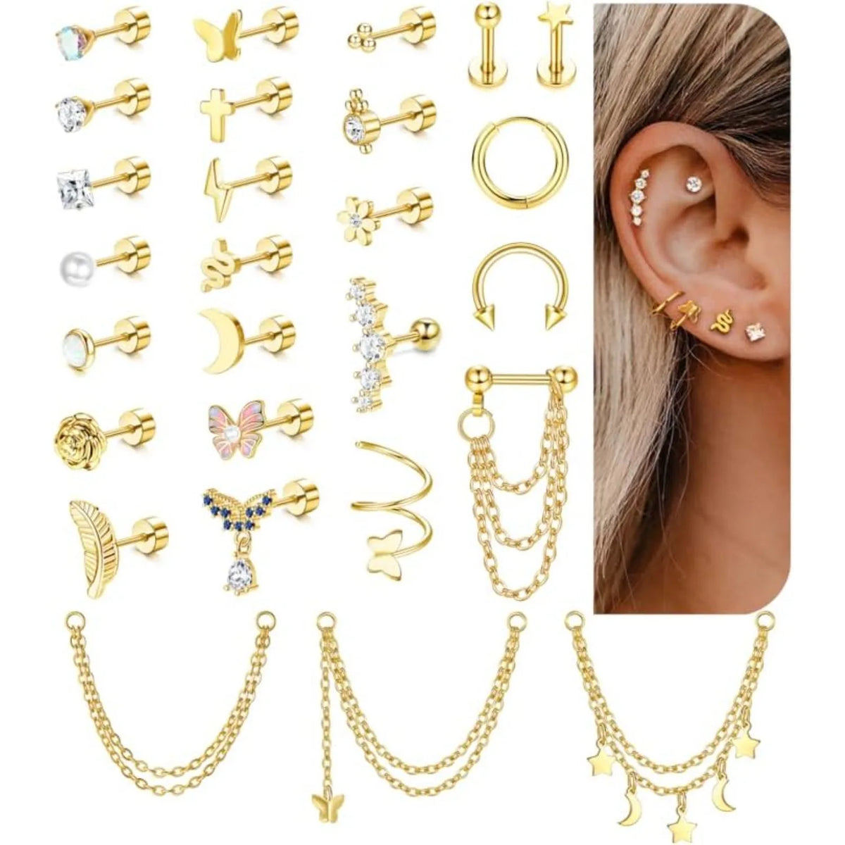 27Pcs Surgical Steel Helix Piercing Earrings, Hypoallergenic, 14G Cartilage Tragus Conch Lobe Piercing. Jewelry For Women, Men Dainty Minimalist Stackable Stud Rings, Trendy Ear Piercing Set