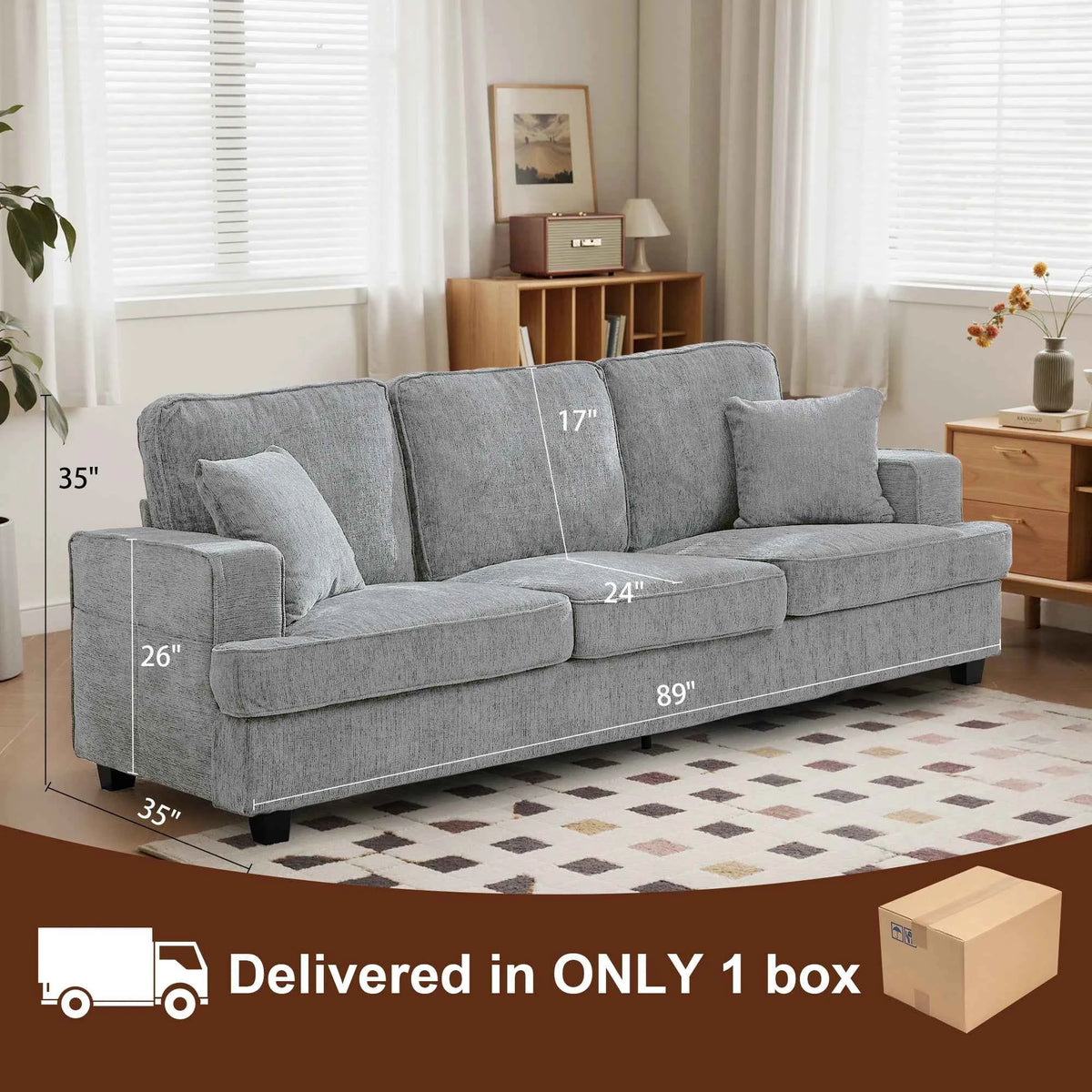 89 inch Cloud Couch Sofa in Chenille with Extra Comfy Soft Seats, Modern 3 Seater Sofas