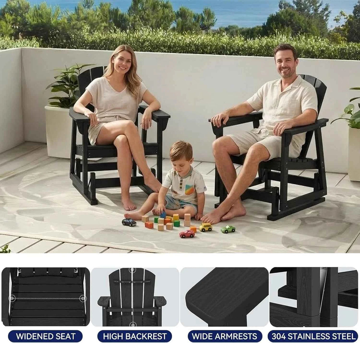 Aoxun HDPE Patio Rocking Chairs, Outdoor Porch Glider Chair Set of 1 Wood Like Wide Seat Black