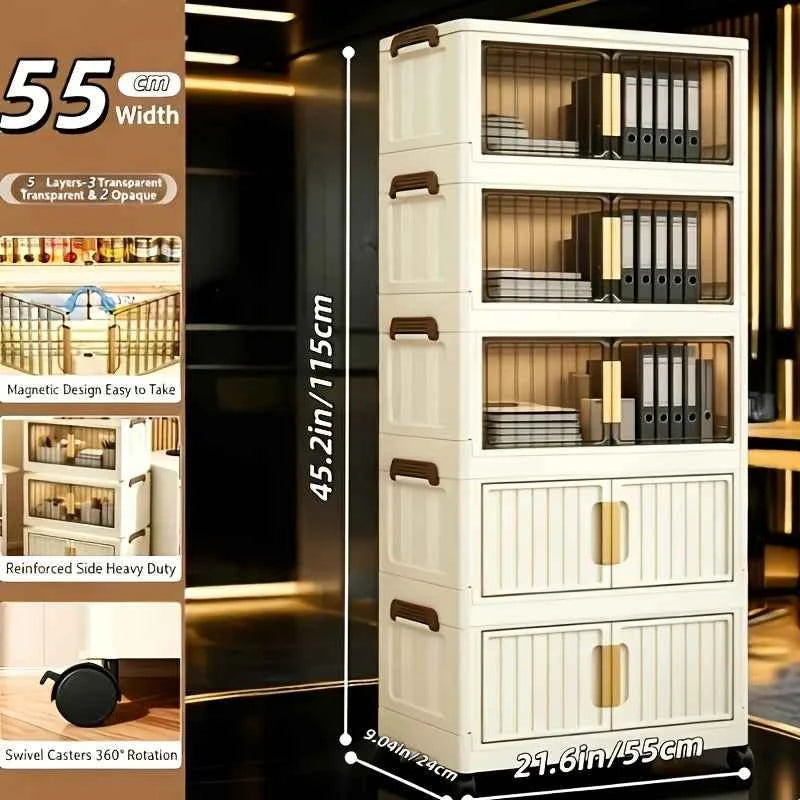 Cream White Foldable Storage Cabinet, No Assembly Needed, Stackable and Foldable Plastic Organizer Box with a Transparent Lid and Stylish Gold Handle, Lockable Silent Wheels, Large Capacity Dustproof Individual Storage Cabine
