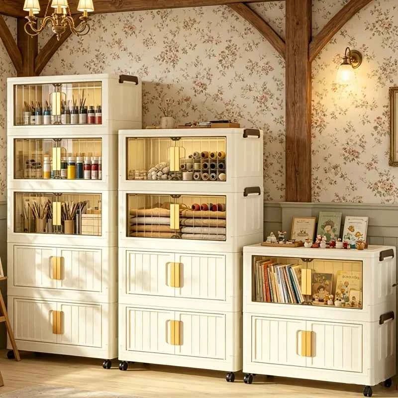 Cream White Foldable Storage Cabinet, No Assembly Needed, Stackable and Foldable Plastic Organizer Box with a Transparent Lid and Stylish Gold Handle, Lockable Silent Wheels, Large Capacity Dustproof Individual Storage Cabine