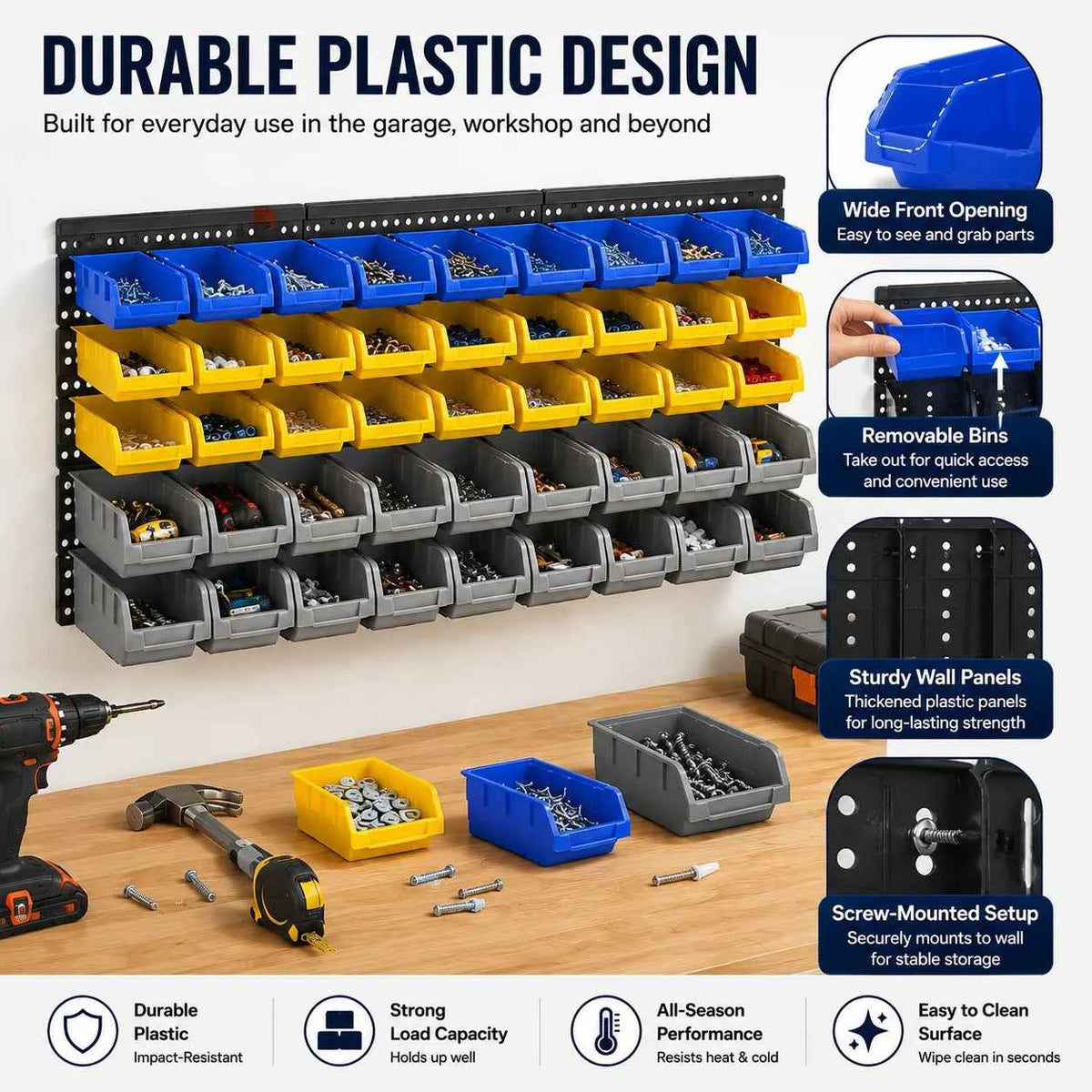 45-Bin Wall Mounted Storage Bins. Shop Tool Organizer with 3 Wall Panels for Screws Nuts Bolts Nails Beads Hardware Parts