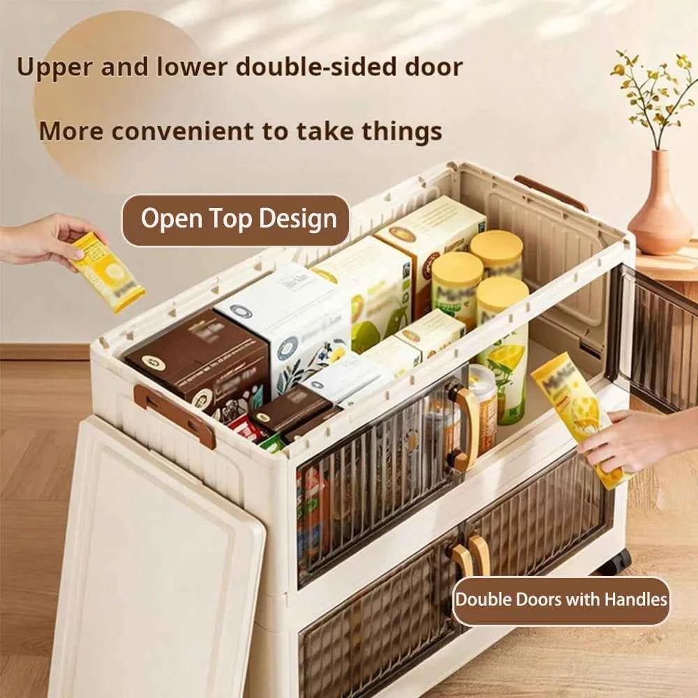 23.62in 3/4/5 Tier Foldable Plastic Storage Cabinet with Wheels And Double Transparent Door. No Assembly. With Latches. Cream White