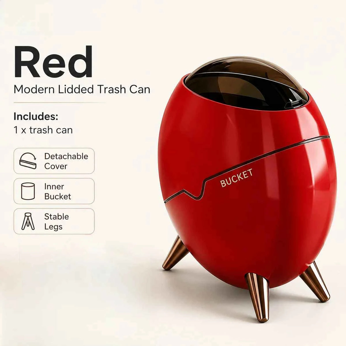 1 Pack Egg Shaped Swing Lid Trash Can with Removable Inner Bucket & Smoky Odor-proof Cover, Luxury Golden Metal Tripod Legs Compact Decorative Mini Waste Bin for Bedroom Bathroom Living Room Nightstand Side Table Household Ga