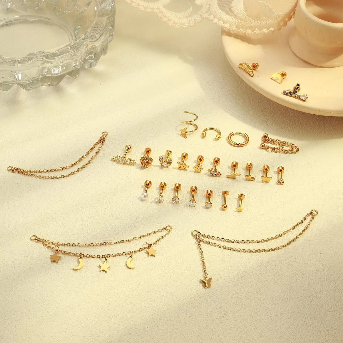 27Pcs Surgical Steel Helix Piercing Earrings, Hypoallergenic, 14G Cartilage Tragus Conch Lobe Piercing. Jewelry For Women, Men Dainty Minimalist Stackable Stud Rings, Trendy Ear Piercing Set