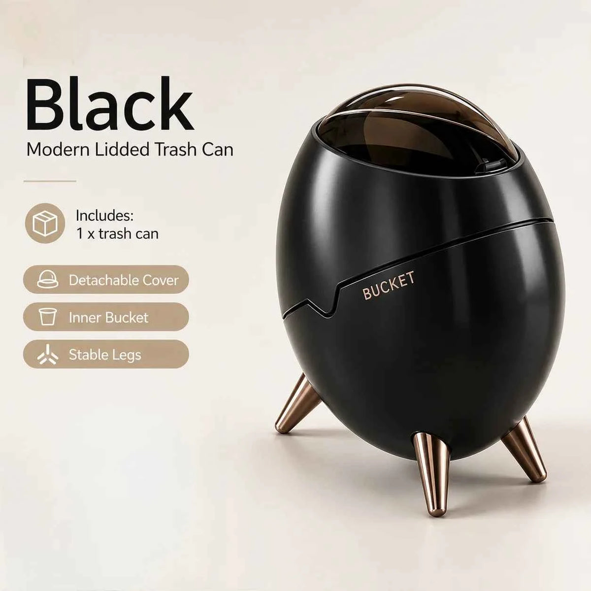 1 Pack Egg Shaped Swing Lid Trash Can with Removable Inner Bucket & Smoky Odor-proof Cover, Luxury Golden Metal Tripod Legs Compact Decorative Mini Waste Bin for Bedroom Bathroom Living Room Nightstand Side Table Household Ga