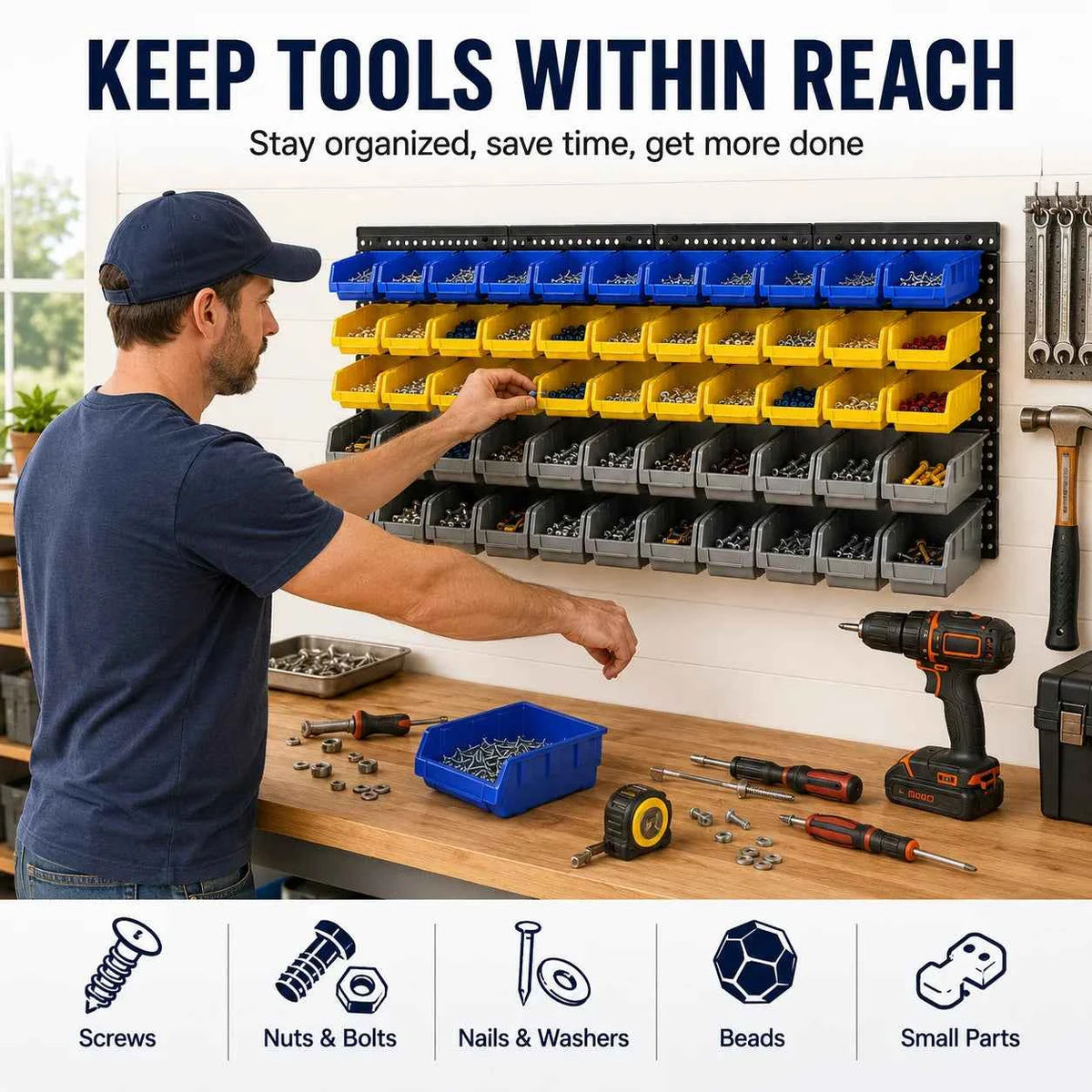 45-Bin Wall Mounted Storage Bins. Shop Tool Organizer with 3 Wall Panels for Screws Nuts Bolts Nails Beads Hardware Parts