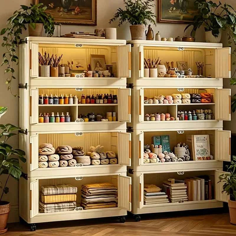 Cream White Foldable Storage Cabinet, No Assembly Needed, Stackable and Foldable Plastic Organizer Box with a Transparent Lid and Stylish Gold Handle, Lockable Silent Wheels, Large Capacity Dustproof Individual Storage Cabine