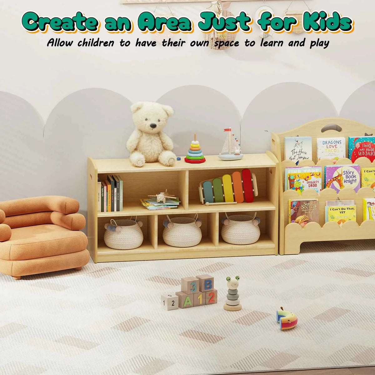 2-Tier Wood Montessori Book Shelves Or Toy Organizer for Kids or Toddlers Room.  Small Book Shelf Storage for Baby