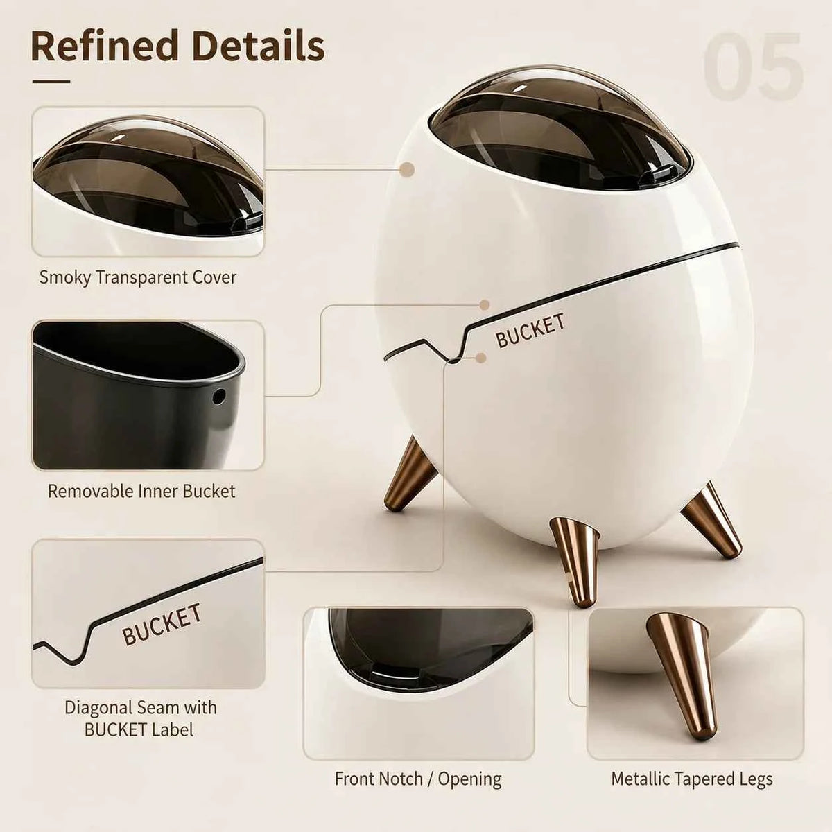 1 Pack Egg Shaped Swing Lid Trash Can with Removable Inner Bucket & Smoky Odor-proof Cover, Luxury Golden Metal Tripod Legs Compact Decorative Mini Waste Bin for Bedroom Bathroom Living Room Nightstand Side Table Household Ga
