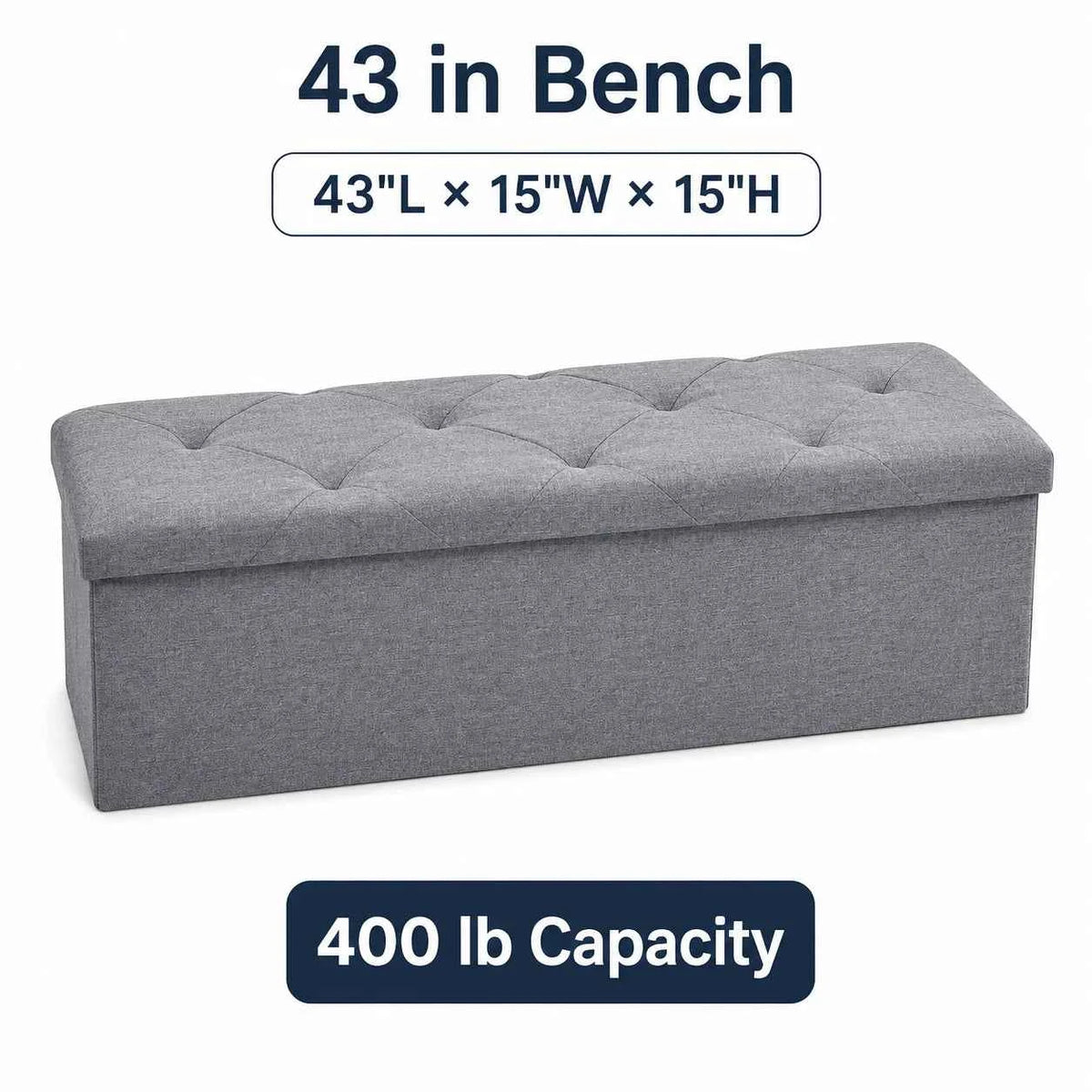 Folding Storage Ottoman Bench and Cube, Gray Tufted Fabric. Storage Chest Footrest Seat with 400 lb Capacity for Bedroom Entryway Living Room, Multiple Sizes