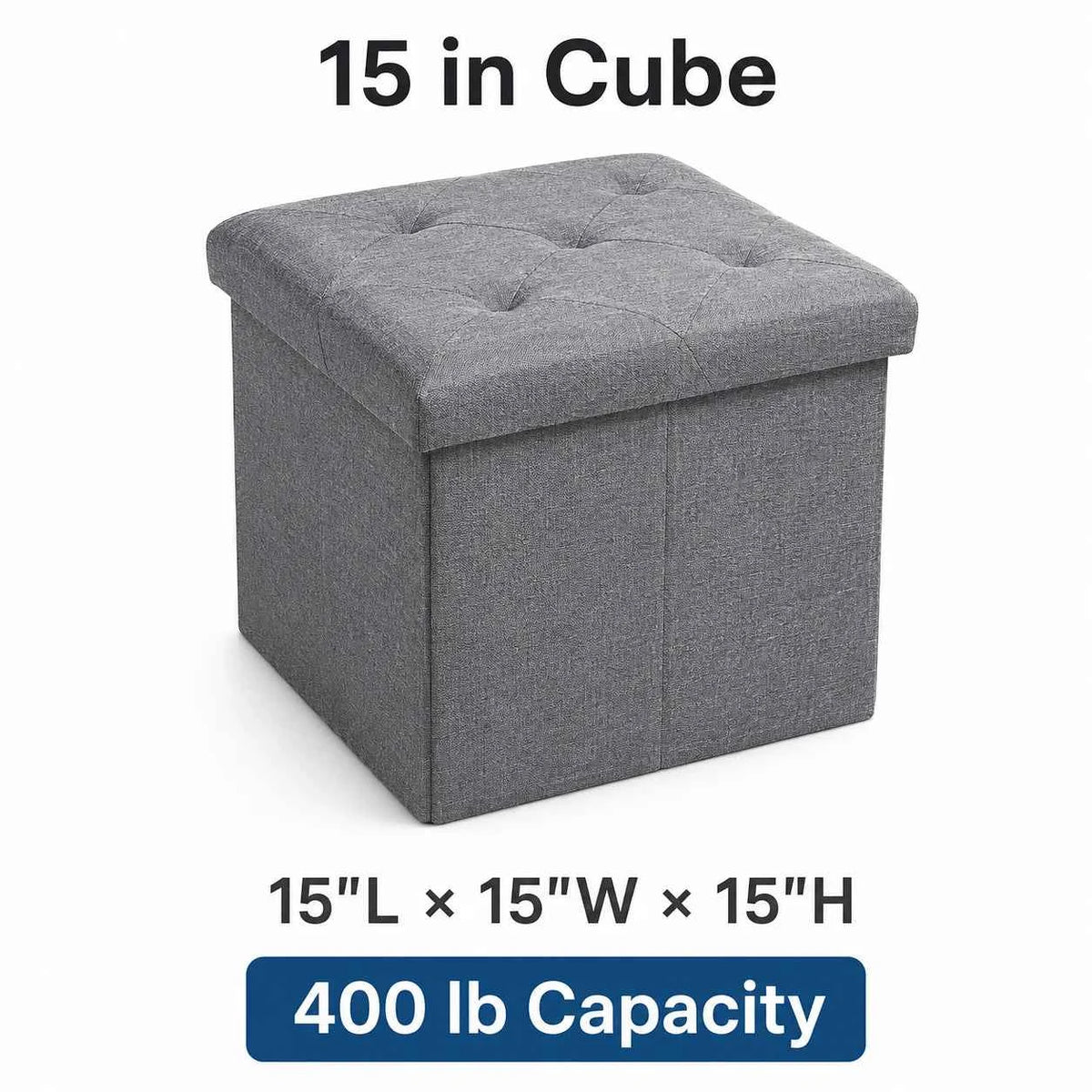 Folding Storage Ottoman Bench and Cube, Gray Tufted Fabric. Storage Chest Footrest Seat with 400 lb Capacity for Bedroom Entryway Living Room, Multiple Sizes