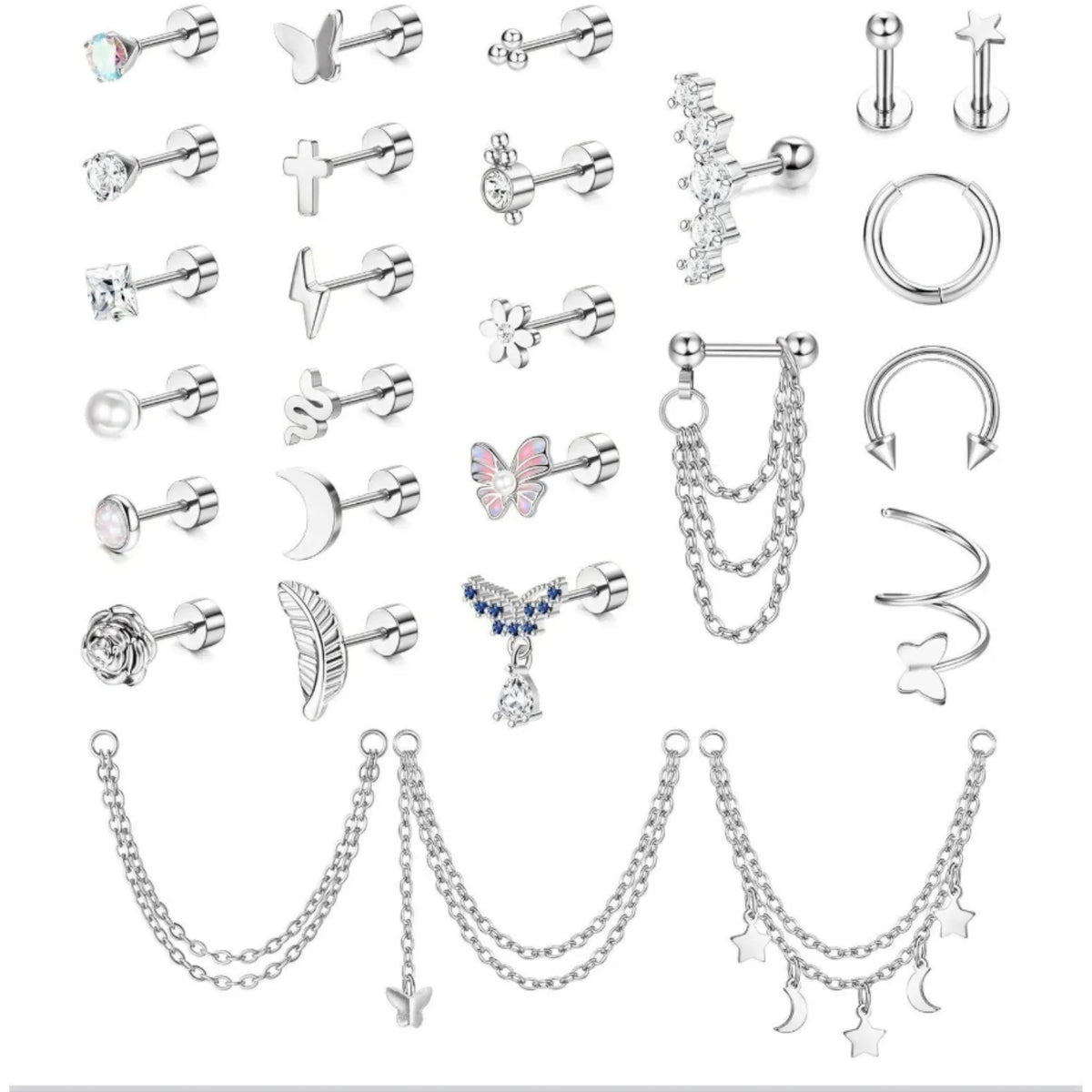 27Pcs Surgical Steel Helix Piercing Earrings, Hypoallergenic, 14G Cartilage Tragus Conch Lobe Piercing. Jewelry For Women, Men Dainty Minimalist Stackable Stud Rings, Trendy Ear Piercing Set