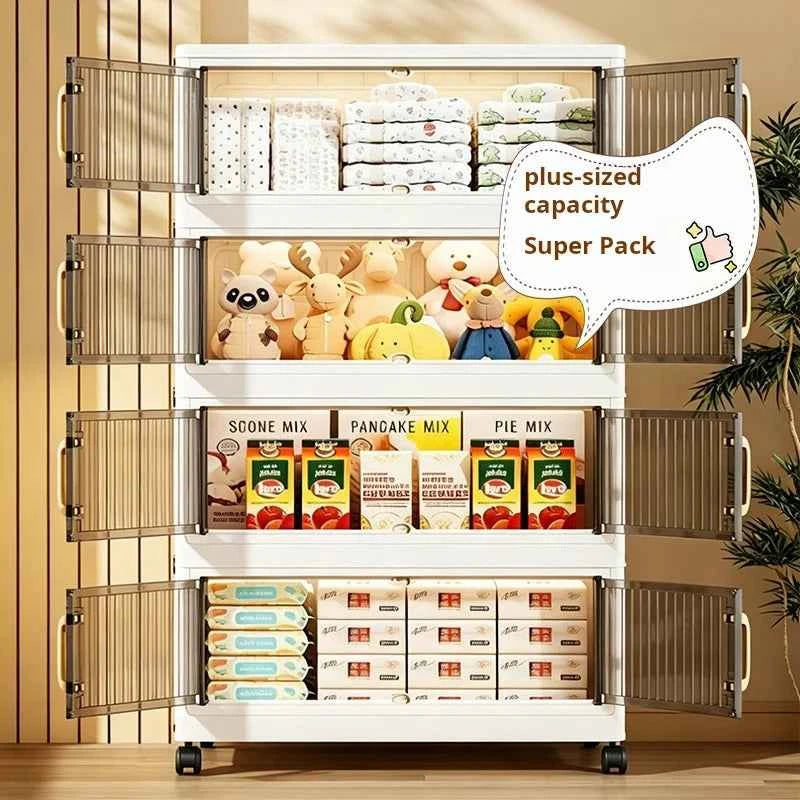 23.62in 3/4/5 Tier Foldable Plastic Storage Cabinet with Wheels And Double Transparent Door. No Assembly. With Latches. Cream White