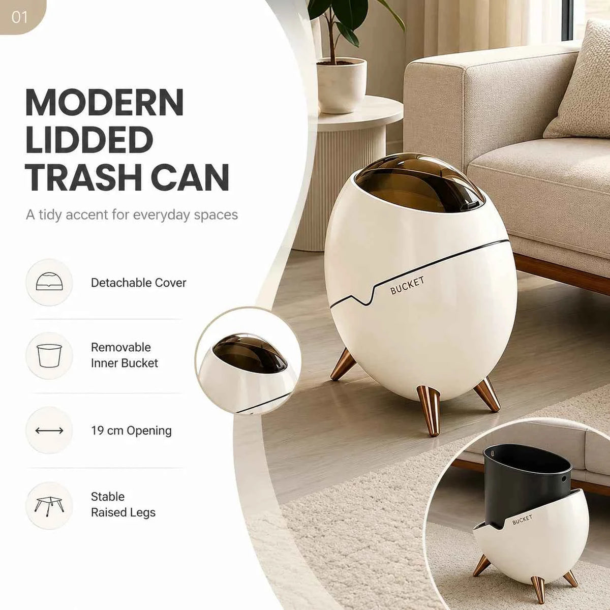 1 Pack Egg Shaped Swing Lid Trash Can with Removable Inner Bucket & Smoky Odor-proof Cover, Luxury Golden Metal Tripod Legs Compact Decorative Mini Waste Bin for Bedroom Bathroom Living Room Nightstand Side Table Household Ga