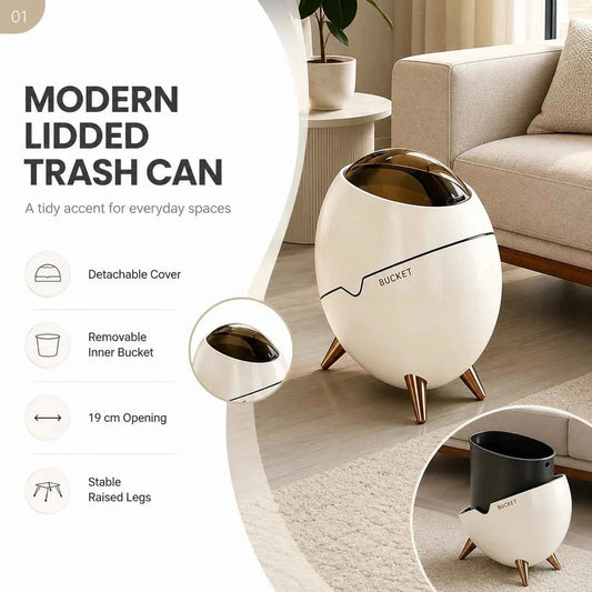 1 Pack Egg Shaped Swing Lid Trash Can with Removable Inner Bucket & Smoky Odor-proof Cover, Luxury Golden Metal Tripod Legs Compact Decorative Mini Waste Bin for Bedroom Bathroom Living Room Nightstand Side Table Household Ga