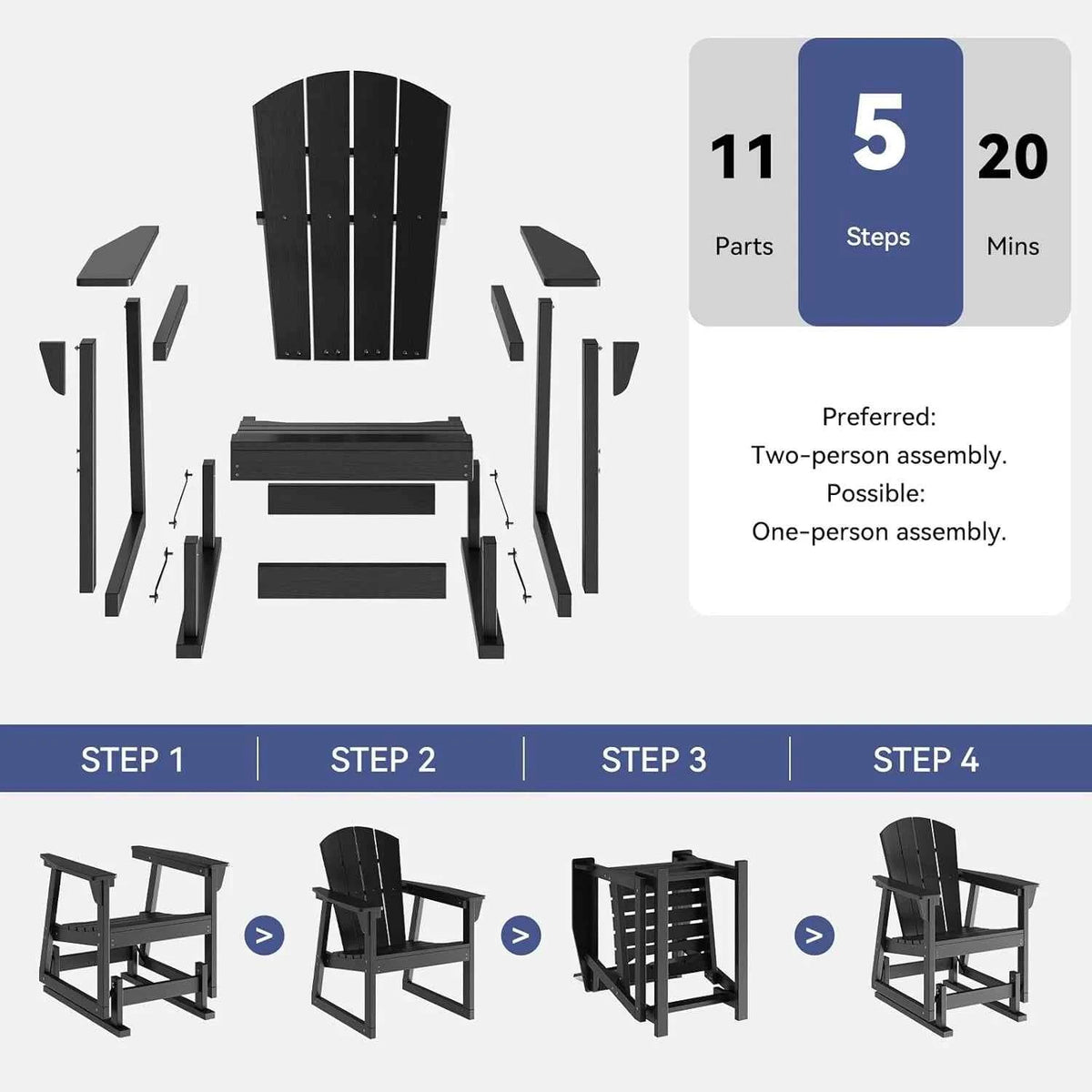 Aoxun HDPE Patio Rocking Chairs, Outdoor Porch Glider Chair Set of 1 Wood Like Wide Seat Black