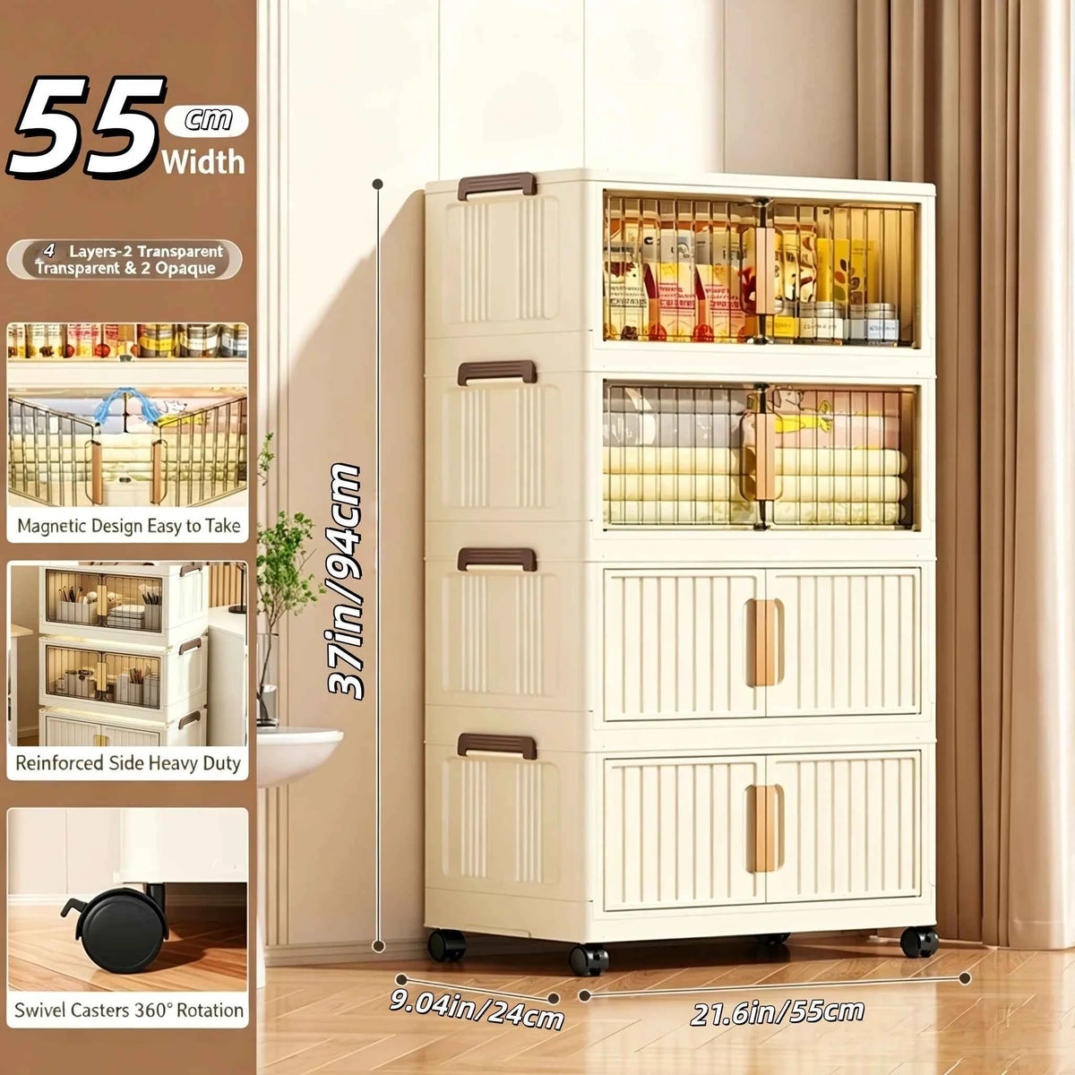 Cream White Foldable Storage Cabinet, No Assembly Needed, Stackable and Foldable Plastic Organizer Box with a Transparent Lid and Stylish Gold Handle, Lockable Silent Wheels, Large Capacity Dustproof Individual Storage Cabine