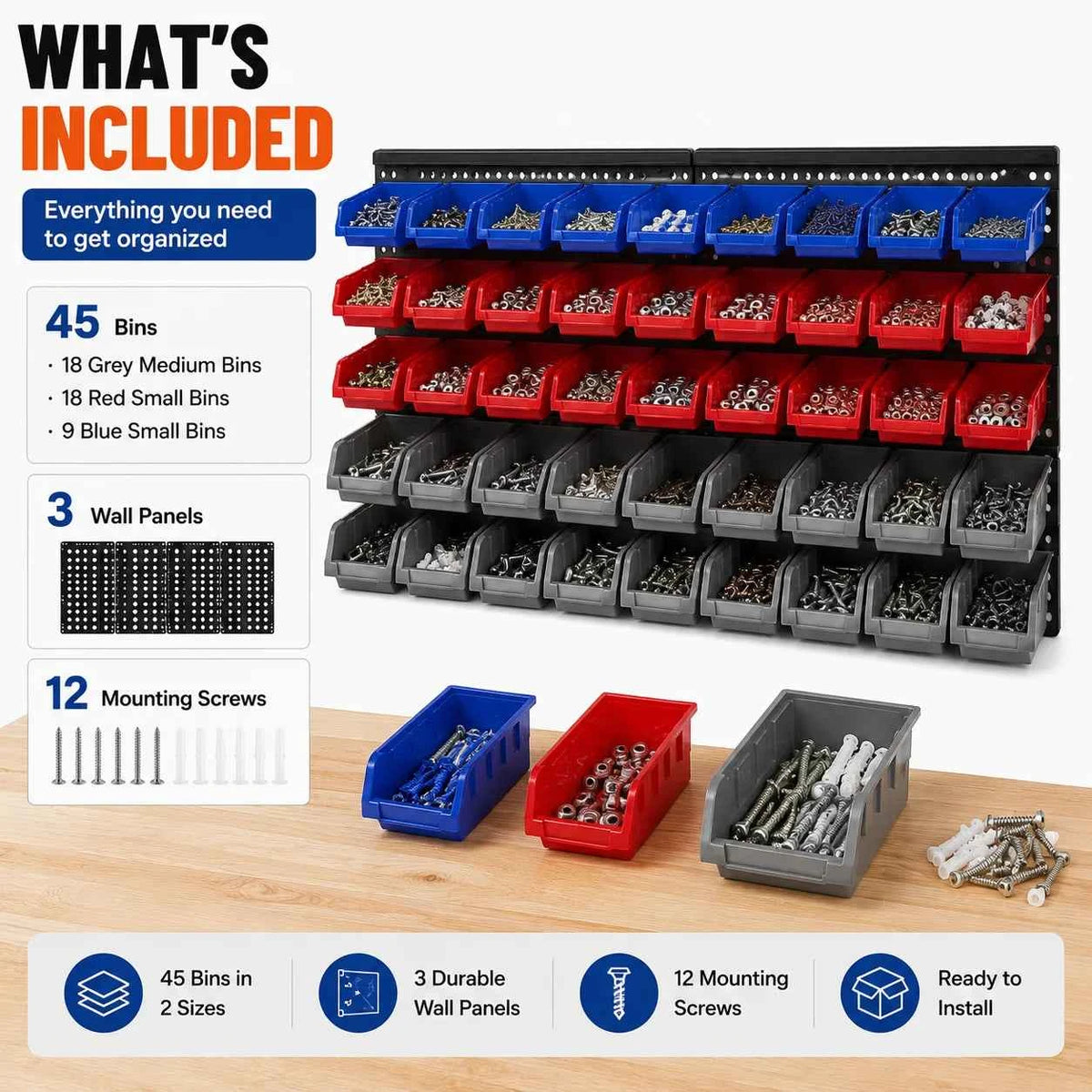 45-Bin Wall Mounted Storage Bins. Shop Tool Organizer with 3 Wall Panels for Screws Nuts Bolts Nails Beads Hardware Parts