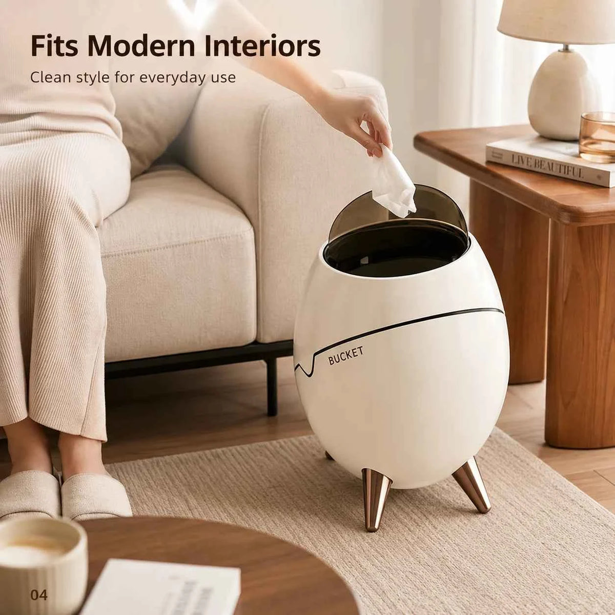 1 Pack Egg Shaped Swing Lid Trash Can with Removable Inner Bucket & Smoky Odor-proof Cover, Luxury Golden Metal Tripod Legs Compact Decorative Mini Waste Bin for Bedroom Bathroom Living Room Nightstand Side Table Household Ga