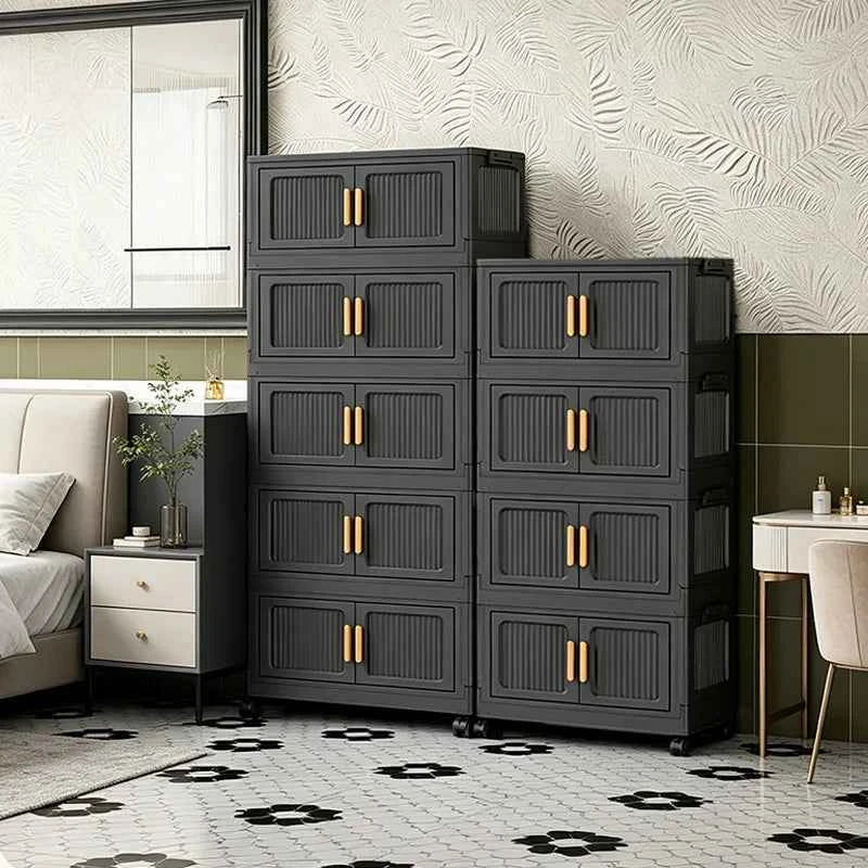 3/4/5-Tier 19.67in Width Foldable Double Door Storage Cabinet with Top Lid, Stackable Interlocking Plastic Organizer on Lockable Rolling Wheels, No Assembly