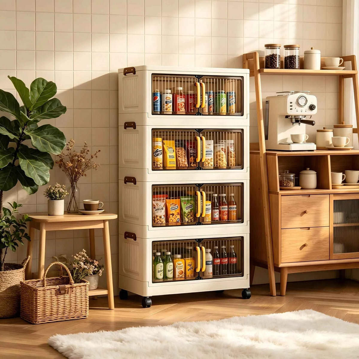 23.62in 3/4/5 Tier Foldable Plastic Storage Cabinet with Wheels And Double Transparent Door. No Assembly. With Latches. Cream White