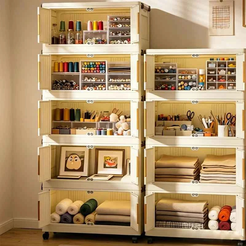 Cream White Foldable Storage Cabinet, No Assembly Needed, Stackable and Foldable Plastic Organizer Box with a Transparent Lid and Stylish Gold Handle, Lockable Silent Wheels, Large Capacity Dustproof Individual Storage Cabine