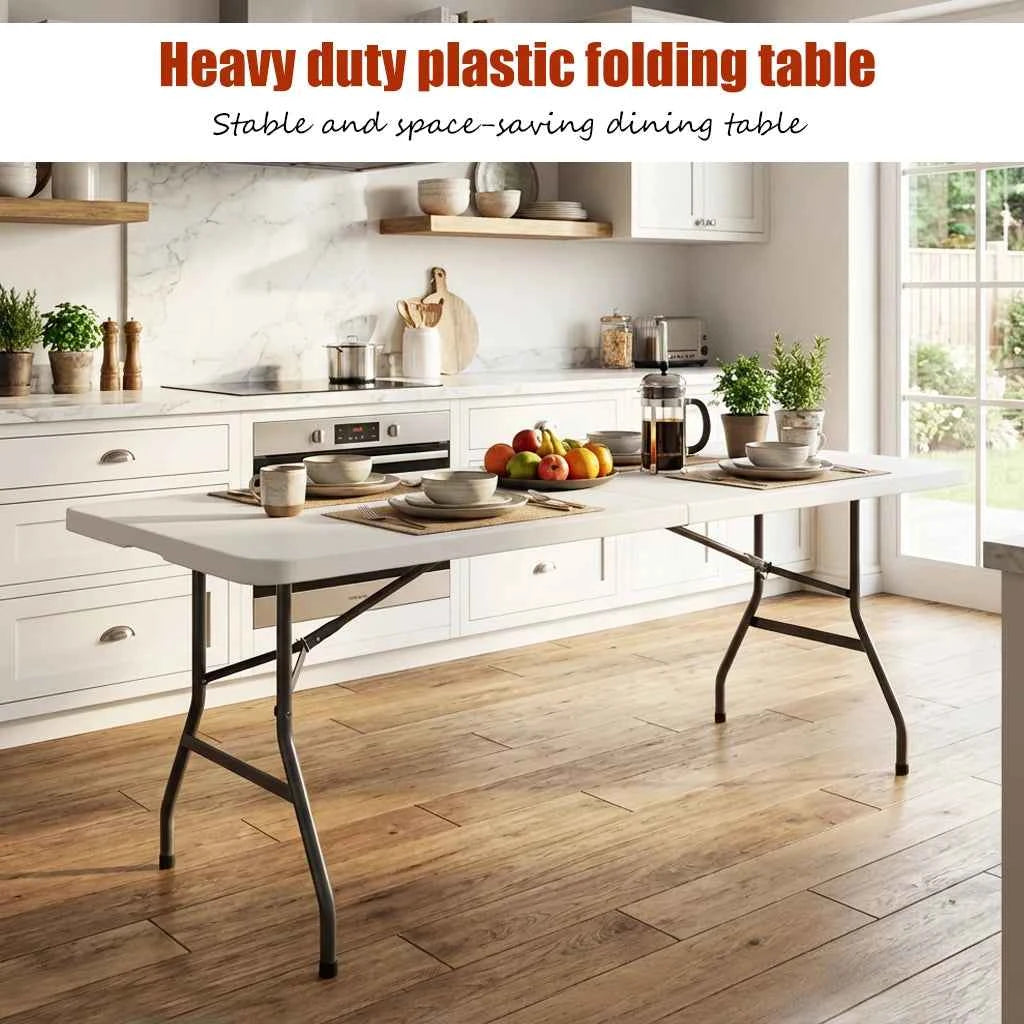 Portable Plastic Folding Table with Carry Handle, Waterproof, Steel Frame with Safety Lock for Picnic, Party ,Dining, Outdoor Indoor, Garden